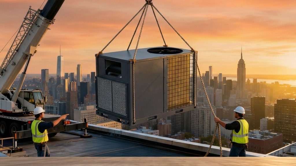 Crane lifting commercial HVAC rooftop unit with workers guiding installation