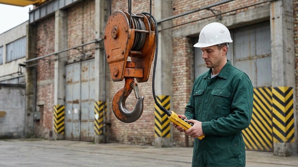 Technician performing crane control verification during HVAC equipment inspection