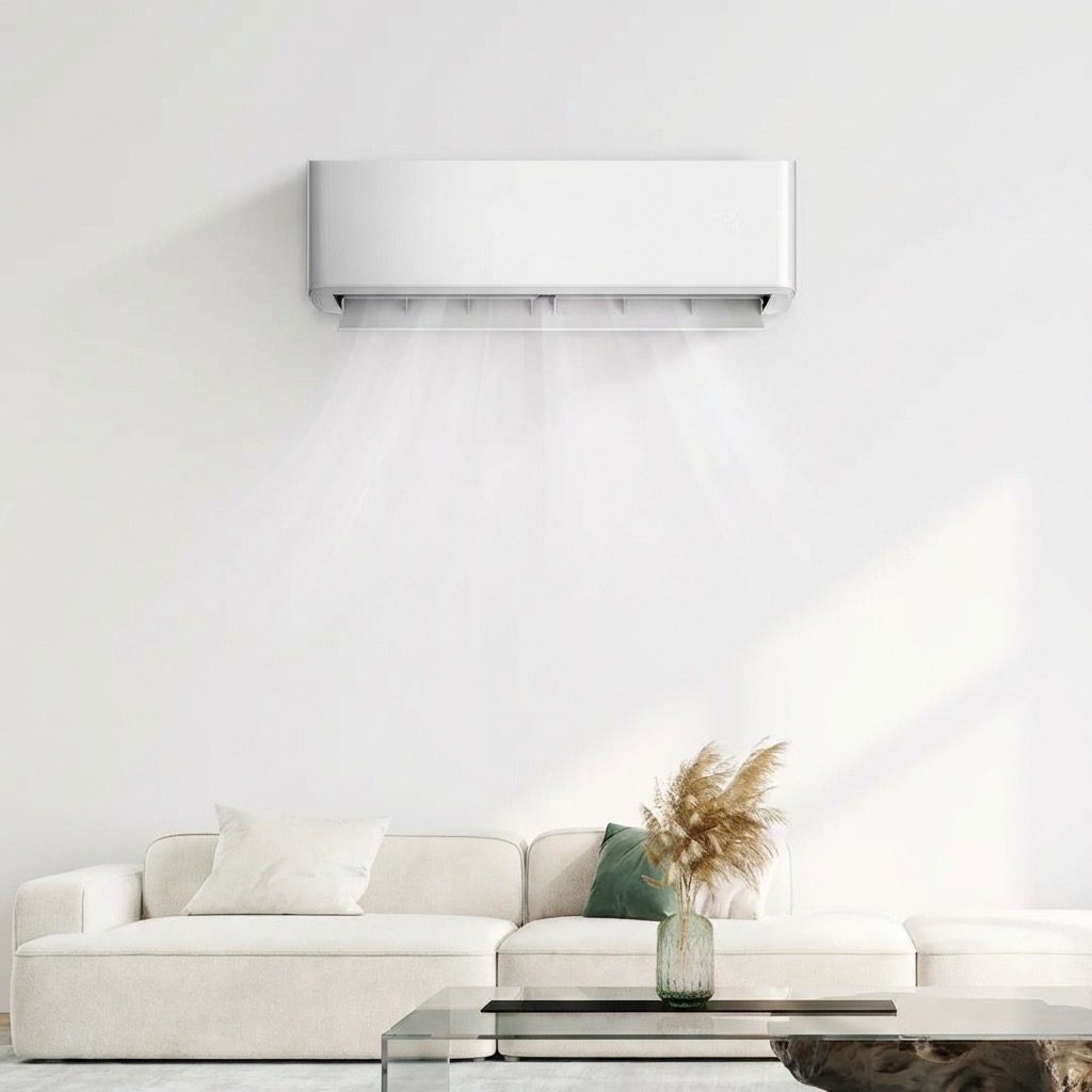 Modern wall-mounted air conditioning unit in a clean living room